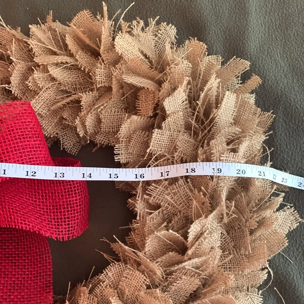 Brand new handcrafted rustic natural and red burlap wreath. Approx 22” w/ bow - Picture 5 of 6